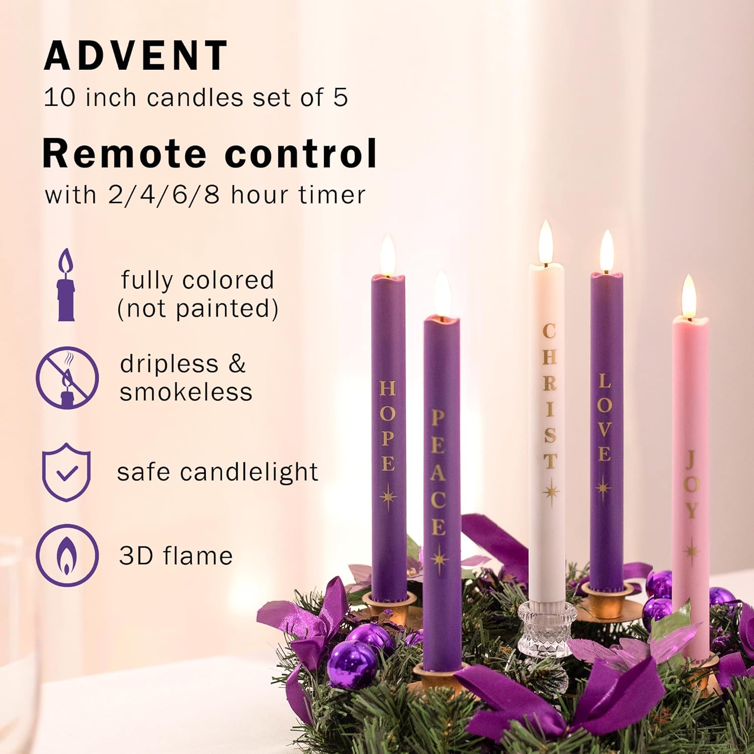 Stmarry Flameless Advent Candles - Realistic 3D Flames, Battery Operated | Set of 5, 10 Inch Tall with Remote Control