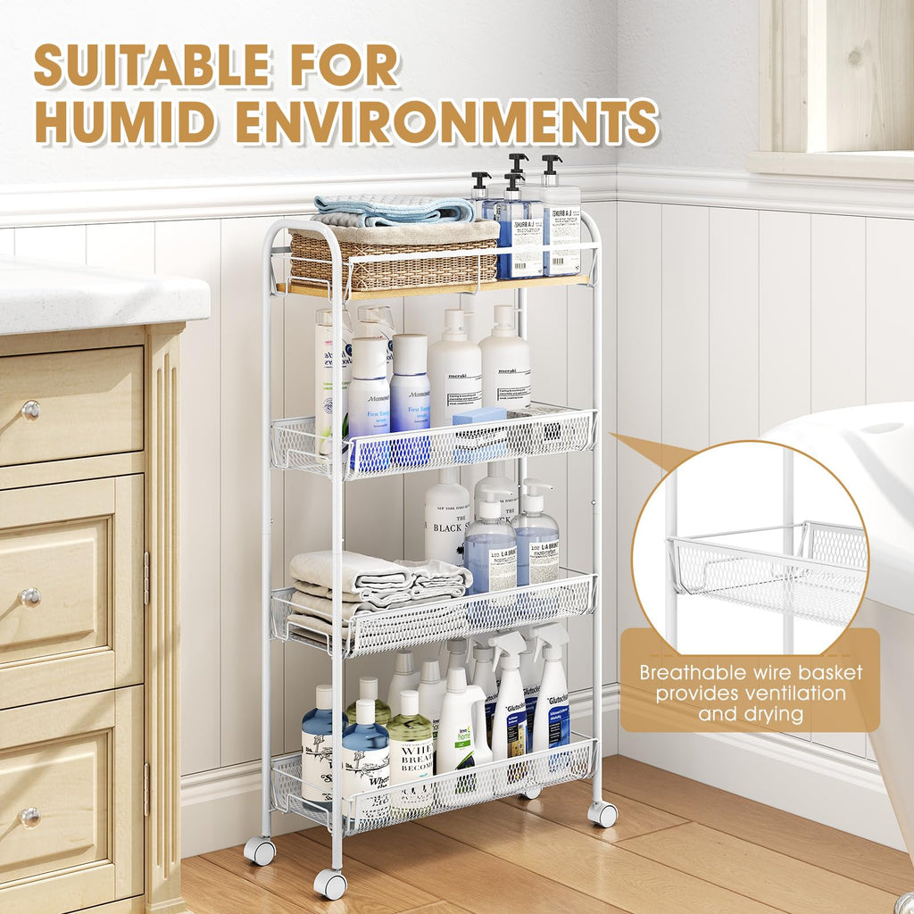 TOOLF 4-Tier Slim Rolling Cart, Metal Utility Cart, Slide Out Storage Cart with Wooden Tabletop and Mesh Baskets for Narrow Space on Kitchen Bathroom Laundry Room Bedroom Apartments Dormitory