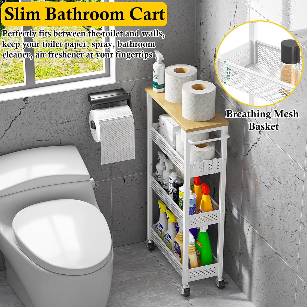 OKZEST Slim Rolling Storage Cart - 4 Tier Mobile Organizer with Wood Top for Kitchen & Bathroom
