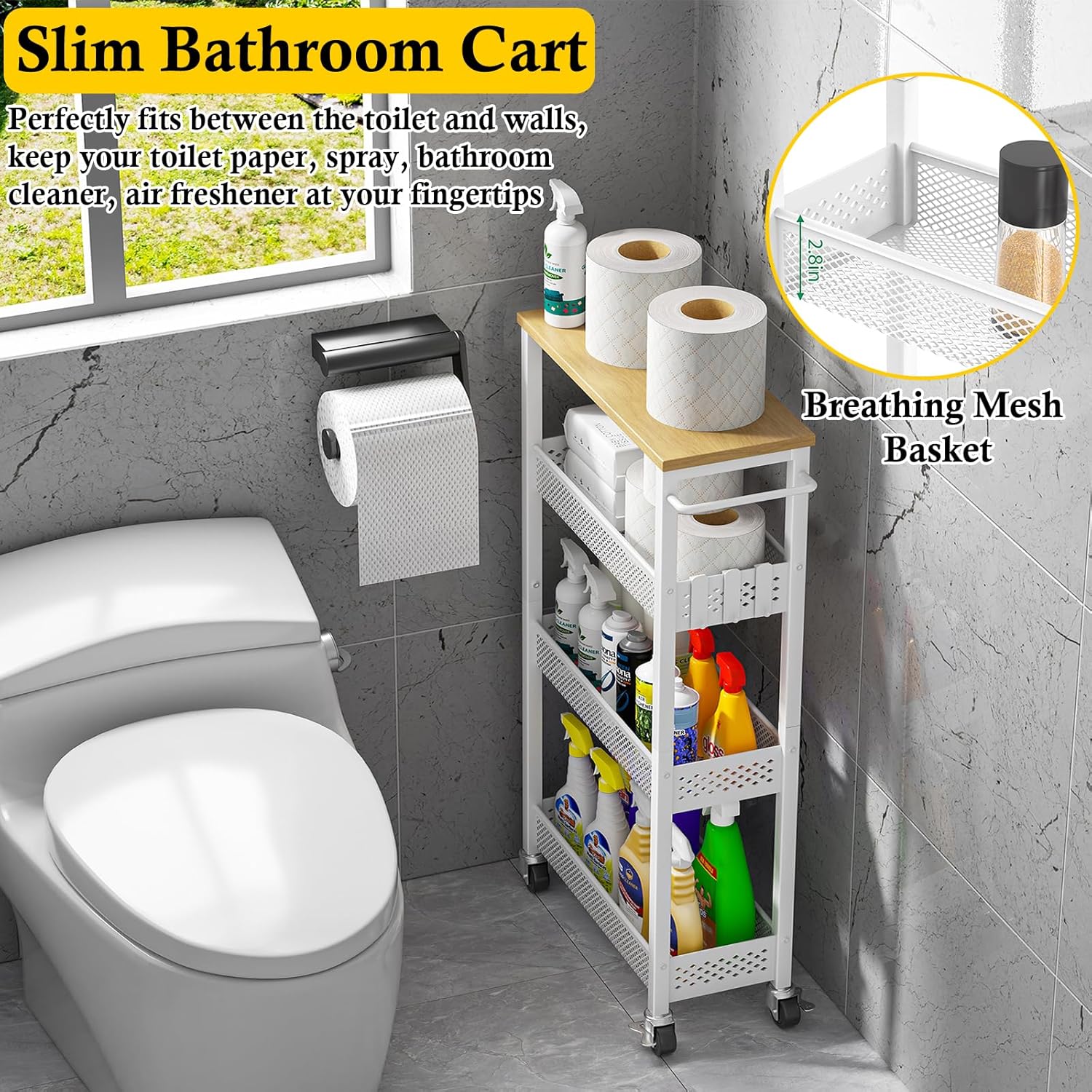 OKZEST Slim Rolling Storage Cart - 4 Tier Mobile Organizer with Wood Top for Kitchen & Bathroom