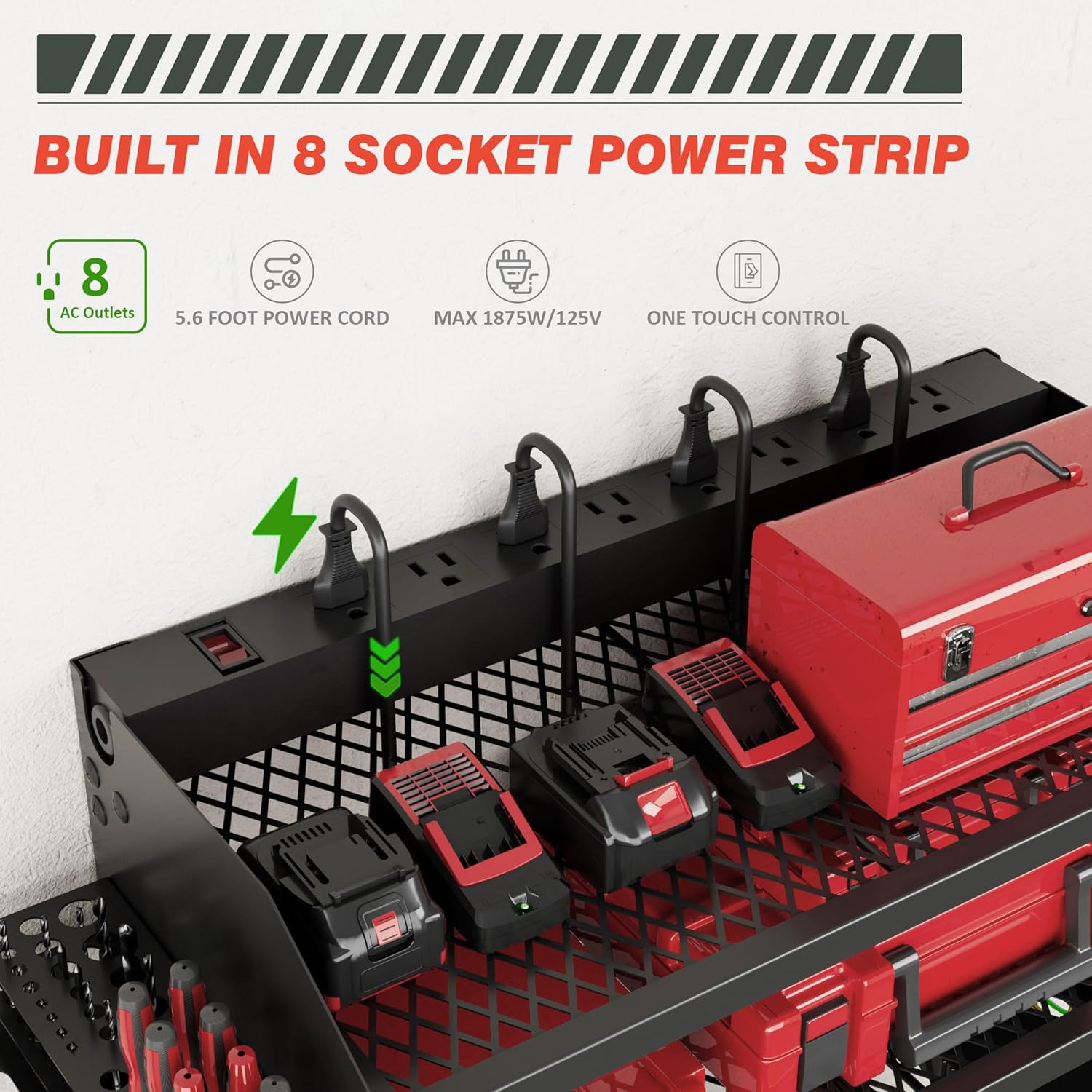 Power Tool Organizer - Wall Mount Charging Station with 8 Outlets | Heavy-Duty Metal Rack, 23-Inch 3-Tier Shelves for Garage & Workshop Storage