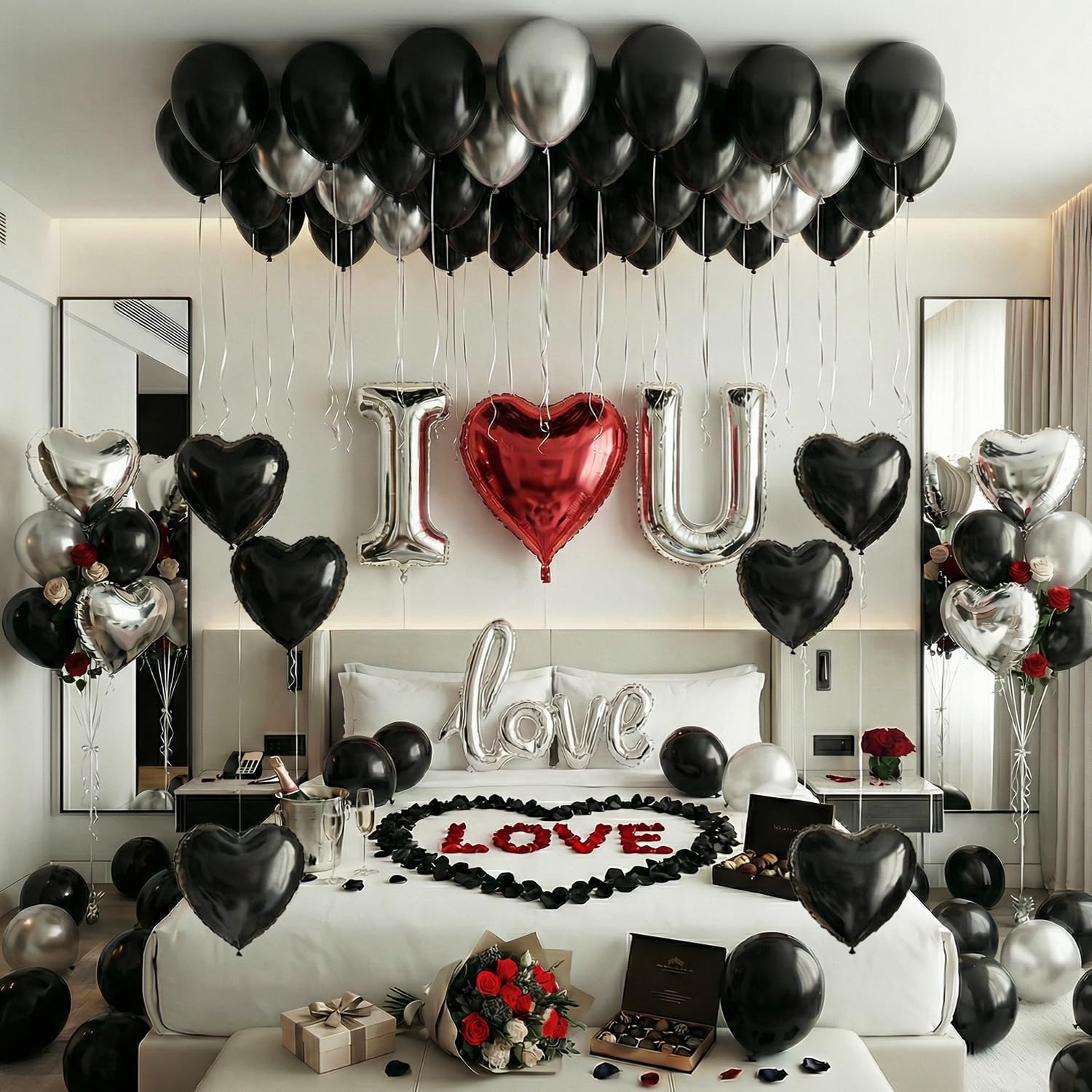 Black Silver Romantic Special Night Decorations with I Love You and Heart Balloons & 600 Rose Petals for Anniversary, Valentine Day, Bedroom, Hotel Room, Birthday Decorations for Him