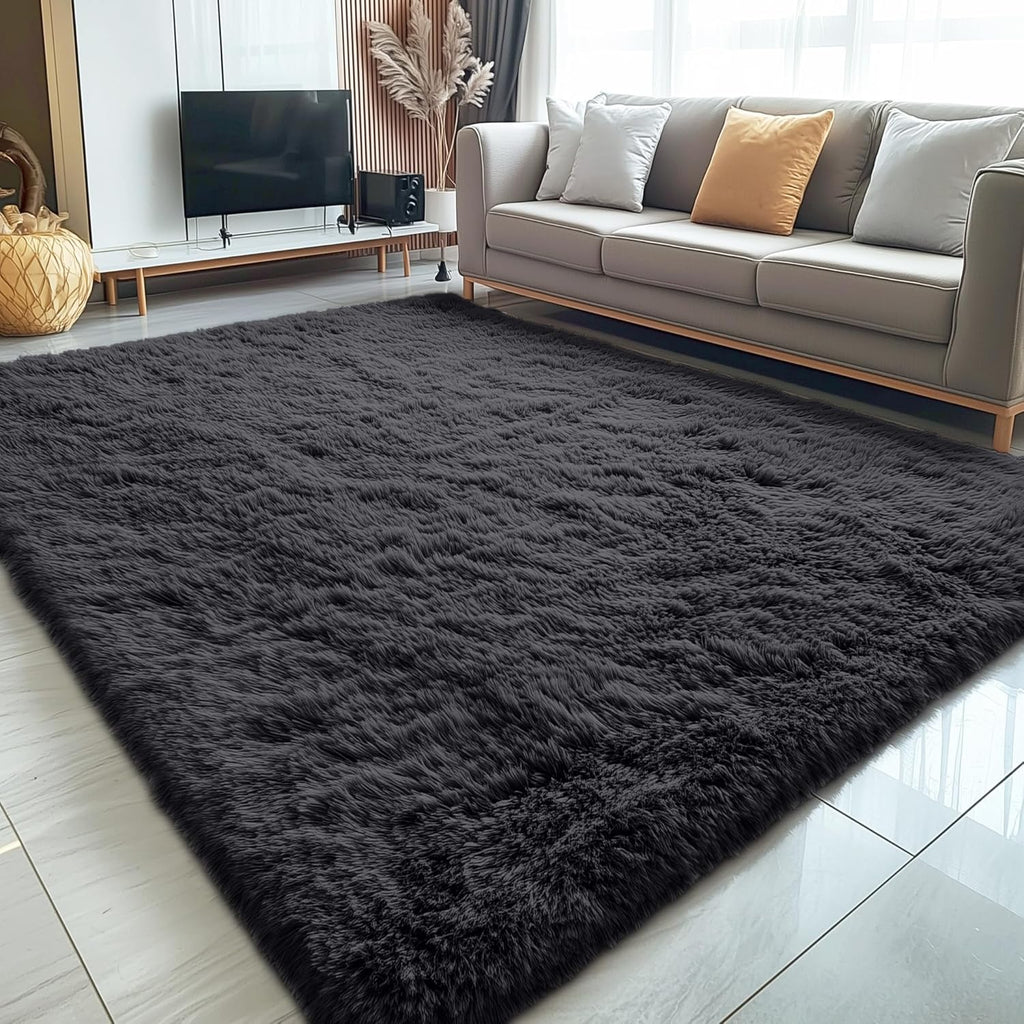 OLANLY Large Area Rug - Soft Fluffy Shaggy Indoor Carpet for Living Room & Bedroom | 5x12 ft, Black
