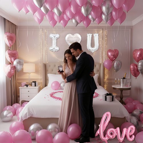 32 Inch I Love You Balloons Pink Silver Balloon with Heart Shaped, Love Foil Balloons and 1000 Pieces Pink Rose Petals for Anniversary Valentine's Day Proposals Romantic Decoration Kit