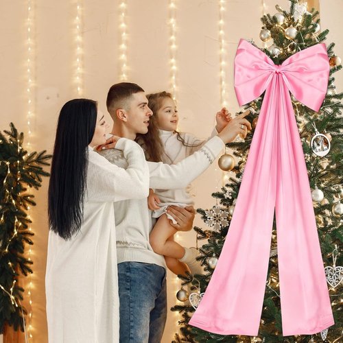 Giant Pink Bow | Double-Layer Satin Christmas Decorations - 24 x 42 Inches for Tree Topper & Party Decor