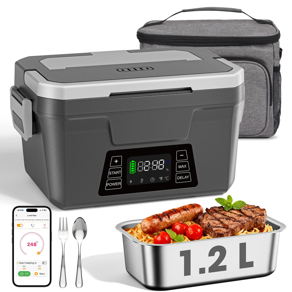 Herrfilk Cordless Electric Lunch Box for Adults with APP Control, 1.2L Portable Heated Lunch Box Battery Powered with Automatic Heating, Self-Heating Food Warmer for Work, 248°F Max, Leak Resistant