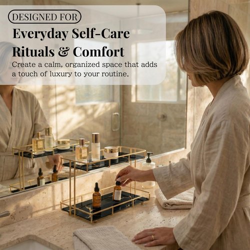Léazora 2-Tier White Marble Bathroom Countertop Organizer – Glass Shelves & Gold Metal Frame, Elegant Vanity Storage Shelf for Perfume, Skincare, Makeup & Toiletries