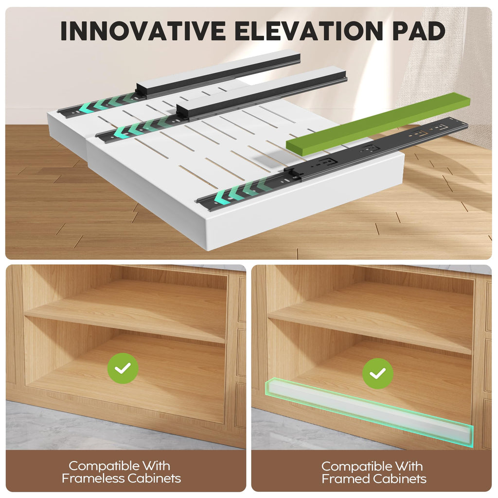 Seinloes 2 Pack Pull Out Cabinet Organizers 21" Deep With Raising Pad for Framed Cabinets, Expandable Width (15.2"-26.3") Slide Out Drawers Upgrade 3 Slide Rails, Roll Out Shelves Adhesive, White