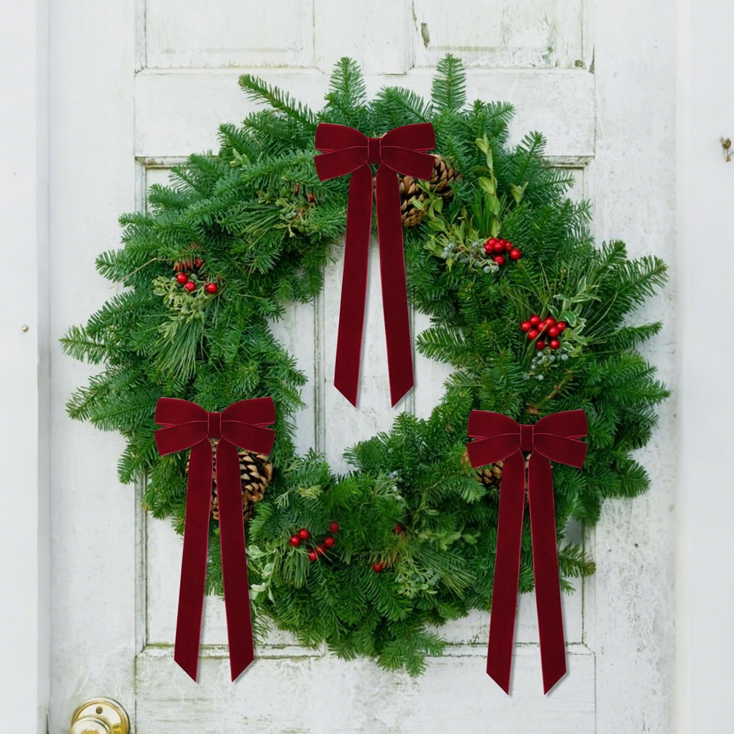 Skiennix 12Pcs Burgundy Velvet Ribbon Bows - 5in x 10in Xmas Tree Ornaments for Holiday Decor