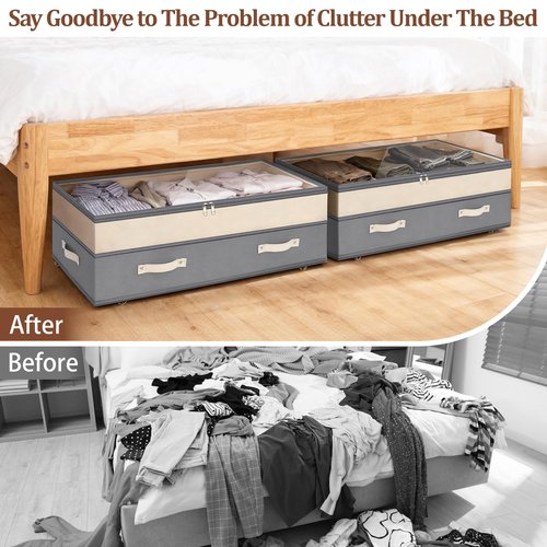 Dolicer 2 Pack Under Bed Storage with Wheels, 6in-10in Height Adjustable Underbed Storage Containers, 92L XXXL Under Bed Drawers Rolling Bin with Clear Lids for Dorm Shoes Clothes Organizers(Grey)