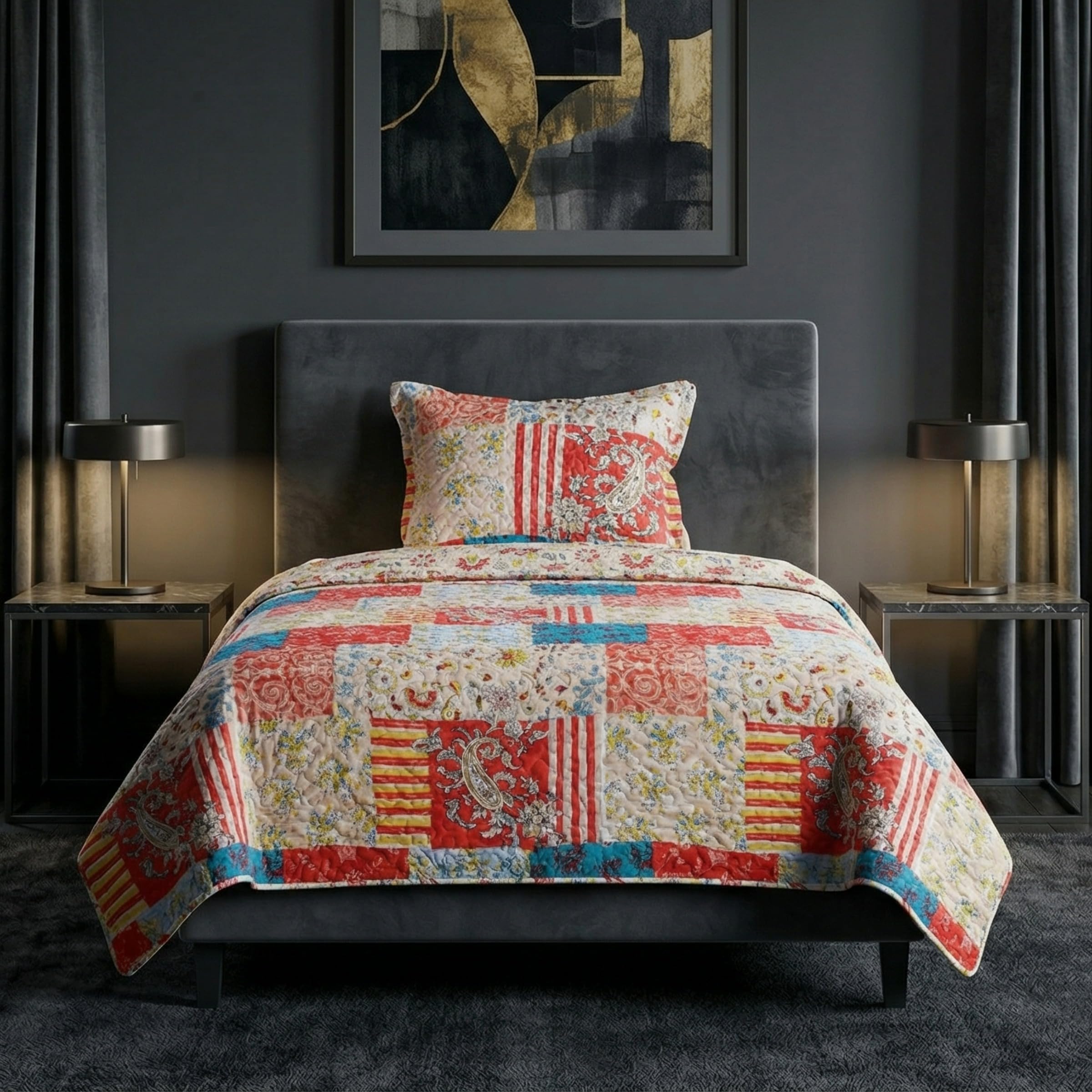 Lavish Home 2-Piece Quilt Set - Mallory Classic Patchwork Twin Quilt with Pillow Sham - Machine Washable Lightweight Bedding (Multicolor)