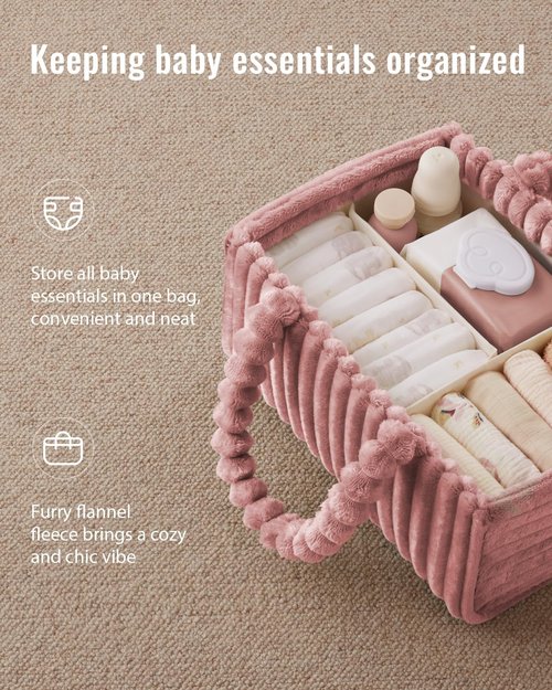 Blissful Diary Flannel Diaper Caddy Organizer - Cozy Plush Pink Nursery Storage Basket | Perfect Baby Shower Gift