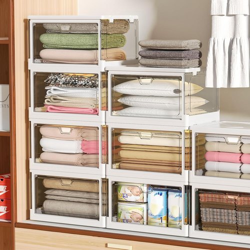 Kmiectse Clear Storage Bins - Stackable & Sturdy 3-Pack | 23 QT Multifunctional Folding Bins with Lid