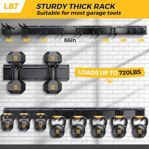 LBT 66 Garage Tool Organizer - Heavy-Duty Wall Mount Rack with Adjustable Hooks | 720lbs Capacity