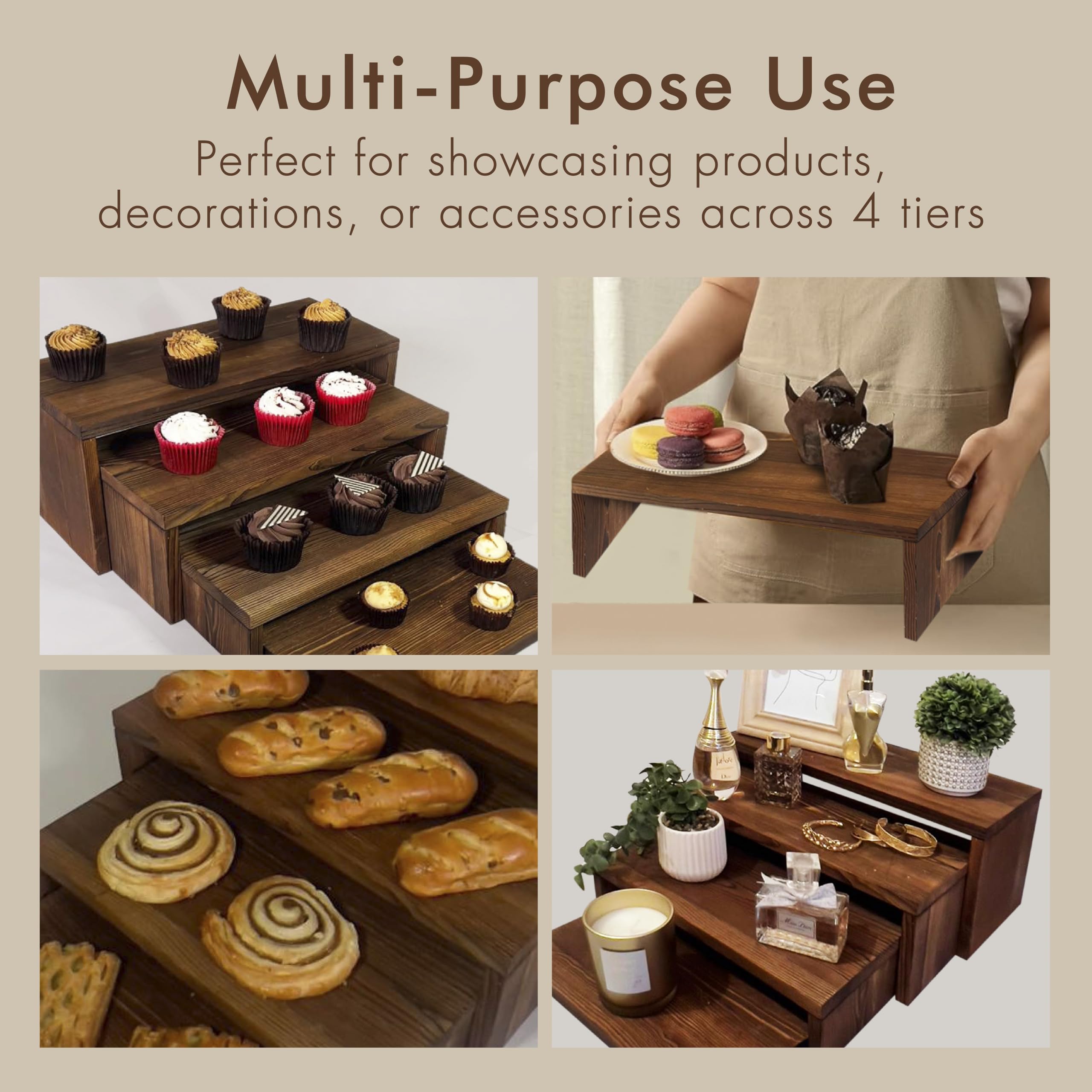Living By Design LONDON 4-Tier Ultra Wide Wooden Display Stand, Wood Riser for Table Display, No Tools Required, Easy to Assemble, Durable Wood Stands for Dessert Table & Home Deco
