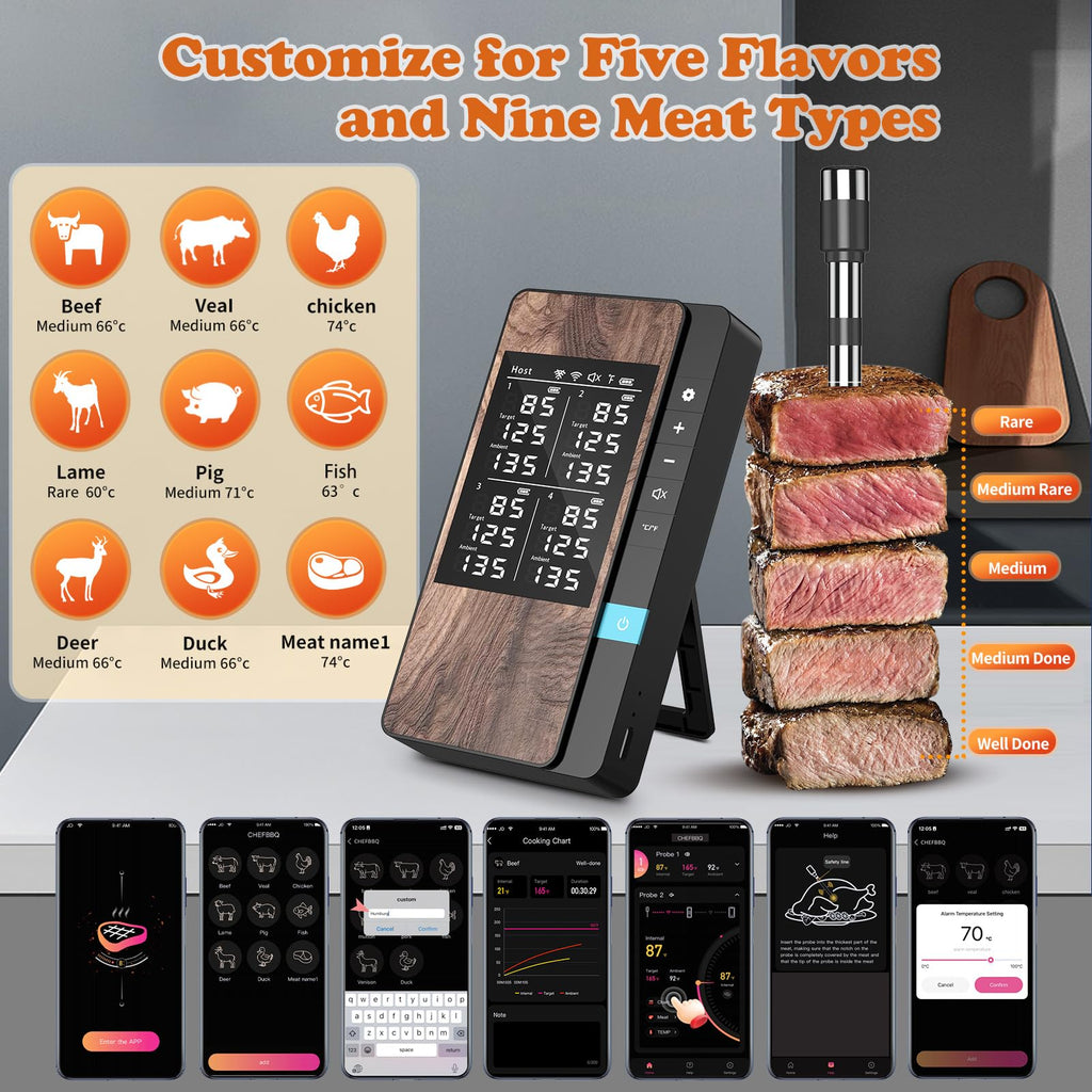 PRAVETTE Wireless Meat Thermometer-Multi Sensors Digital Food Thermometer with Ultra-Thin Probes, Accuracy Smart Bluetooth Meat Thermometer for Steak, BBQ, Oven, Grill, Smoker (4 Probes)