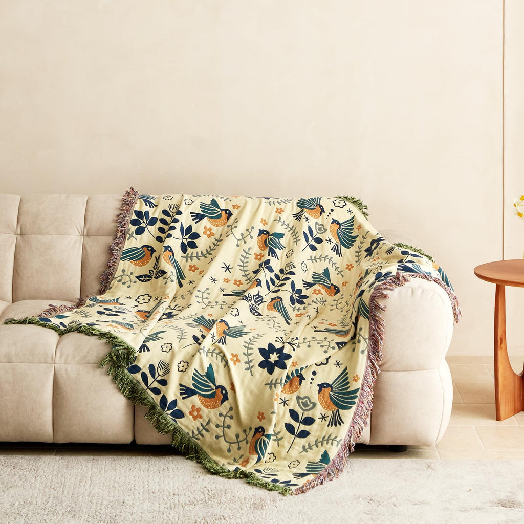 MSGKV Boho Throw Blanket 50"x60" Cotton Blanket for Couch and Sofa Cover for Living Room Spring Throw Decorative Woven Bird Blankets