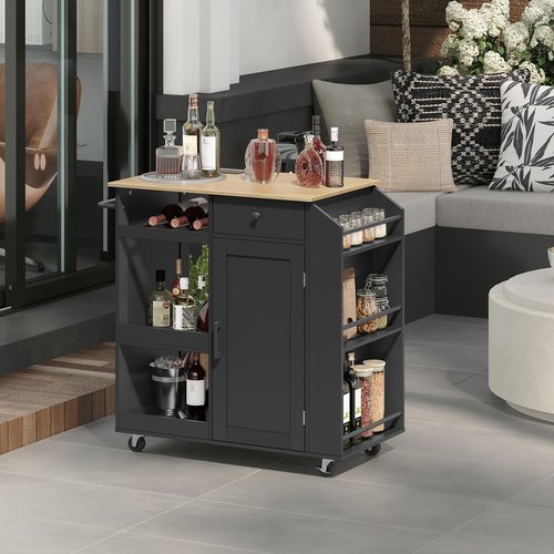 MAHANCRIS Kitchen Island with Power Outlet, Kitchen Storage Island with Drawer, Rolling Kitchen Cart on Wheels, Spice Rack, Towel Rack, Wine Rack, for Dining Room, Black and Natural KIHN122E01