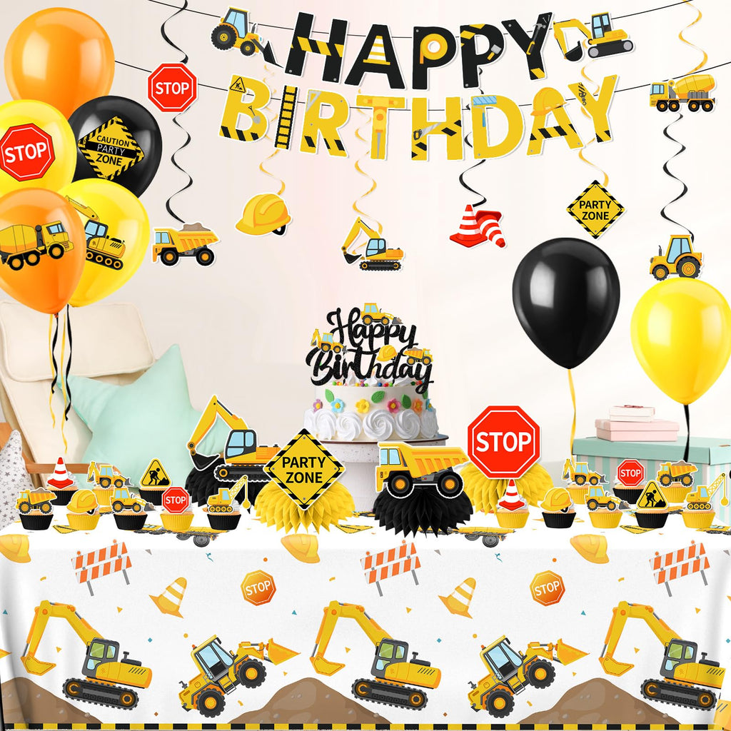 Construction Birthday Decorations,245PCS Construction Birthday Party Supplies-Includes Plates Napkins Cups Banner Balloons Tablecloth and Cake Toppers for Kids TruckTheme Celebration Tableware