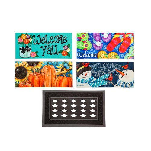 Evergreen Sassafras Doormat Insert Bundle & Tray Set of 5, Spring Summer Fall Winter Interchangeable Entrance Door mats Indoor and Outdoor Welcome Mat 30 x 18 Tray Non Slip Backing Low Profile