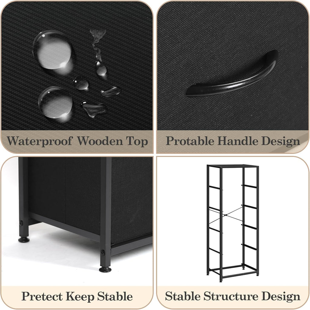 MOOACE 5-Drawer Dresser - Tall Fabric Storage Unit with Wooden Top - Black Metal Frame for Bedroom & Living Room