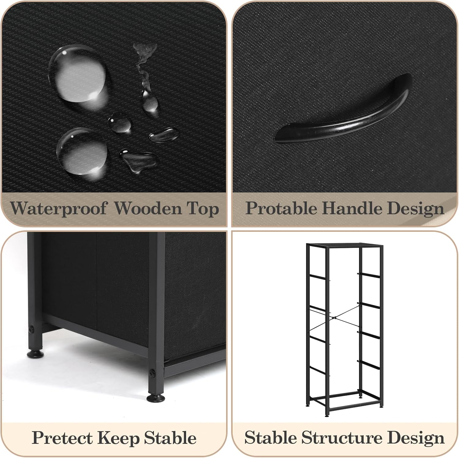 MOOACE 5-Drawer Dresser - Tall Fabric Storage Unit with Wooden Top - Black Metal Frame for Bedroom & Living Room