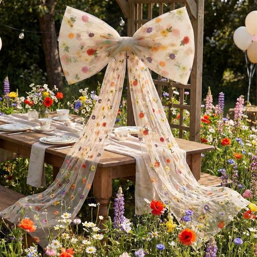 Canlierr Extra Large Floral Tulle Bow Decorations - 39 x 59 Inch Champagne Organza Bow for Spring Weddings & Room Decor