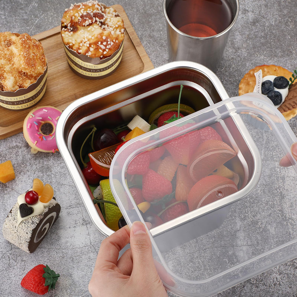Suttmin 8 Pcs 1/6 Size Hotel Steam Table Pans with Lids, Stainless Steel Food Containers and PP Plastic Covers, Anti-clogging Steamer Pans for Buffet, Catering, Restaurant, and Food Prep(4" Deep)