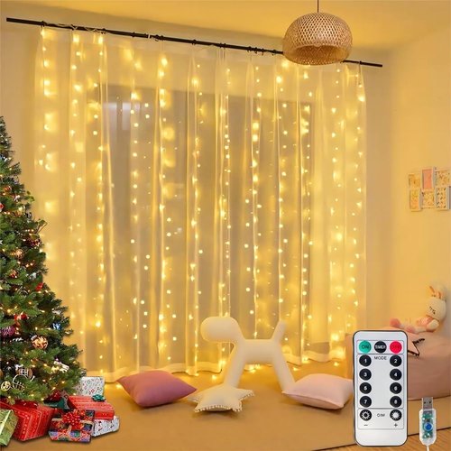 Honche 300 LED Fairy Curtain String Lights - 10x10ft Remote Control Window Lights for Bedroom & Wedding Decor | Warm White
