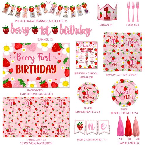Berry First Birthday Decor Strawberry 1st Birthday Decorations Girls With Strawberry Decor Plates Napkins Balloons Strawberry Party Backdrop Banner Cake Toppers for Girl 1st birthday Decorations
