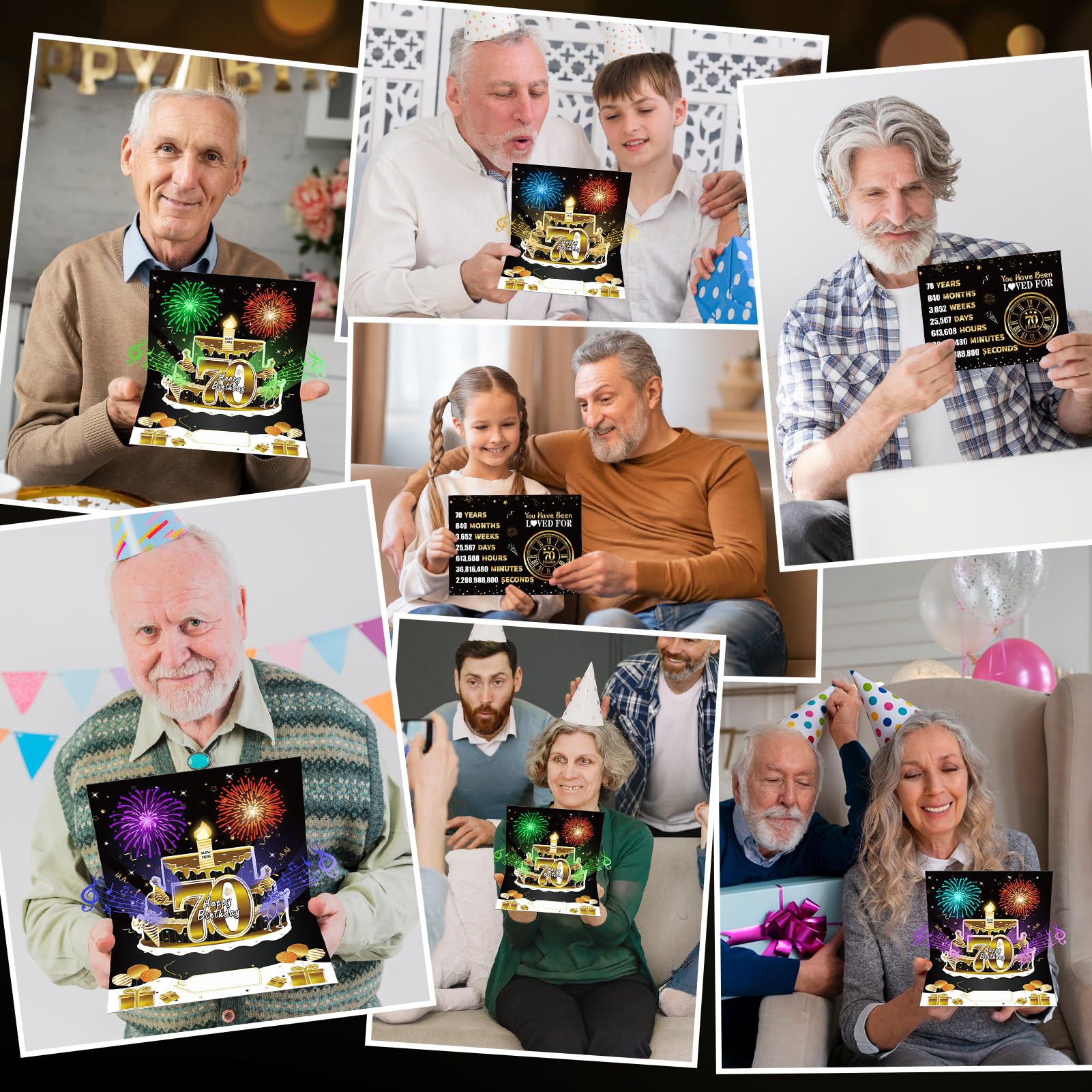 Turypaty 70th Birthday Cards Pop Up 3D Cake - Firework & Music & Blow Out Candle Light Funny Happy 70 Black Gold Birthday Card Gifts for Men, Women, Friends, Boyfriend, Dad, Mom, Husband, Wife