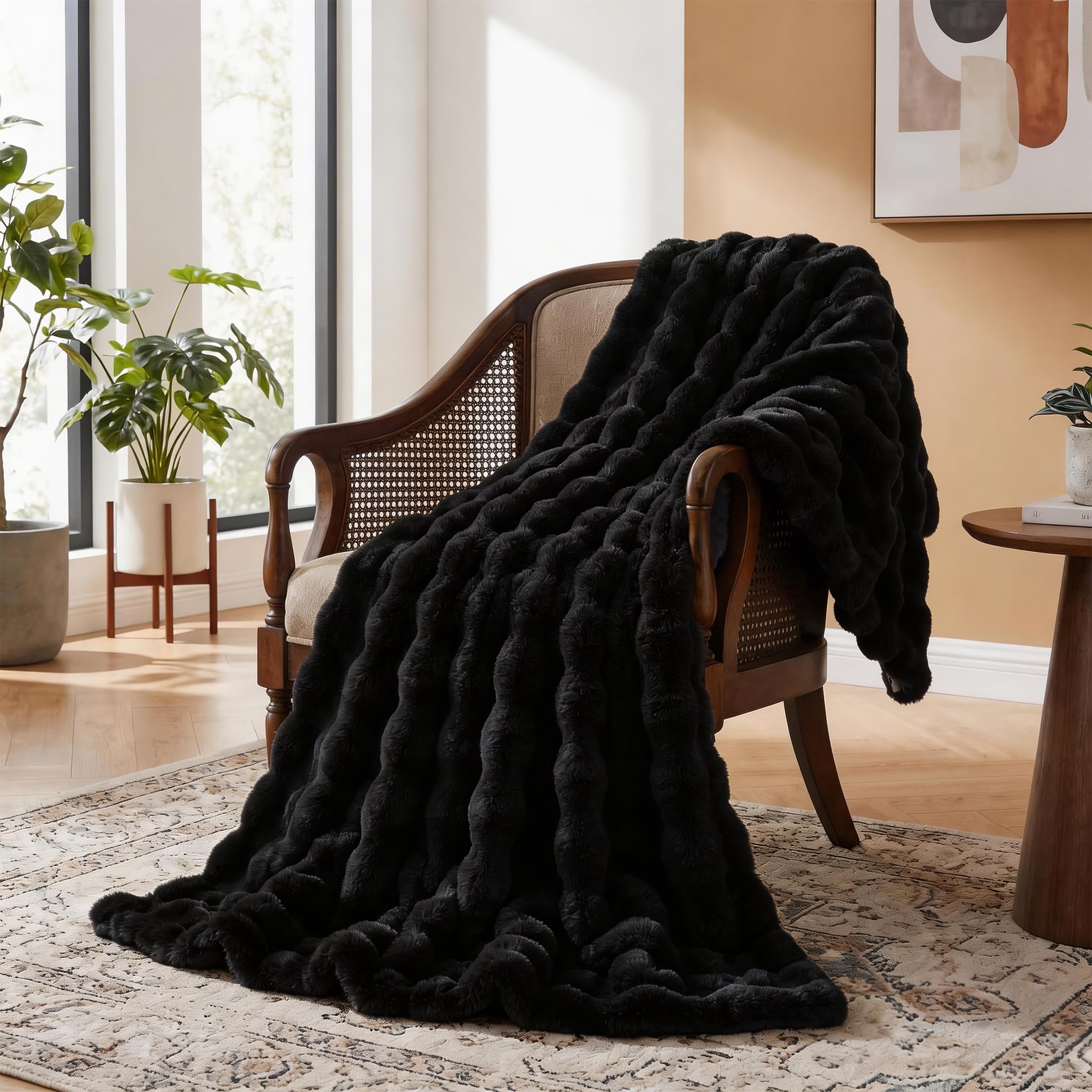 ORINOVA Black Fluffy Thick Fur Throw Blanket 50x60 for Bed Couch Office Chair Bunny Soft Blanket for Adults Gift Home Living Room Decorative Decor 860 GSM