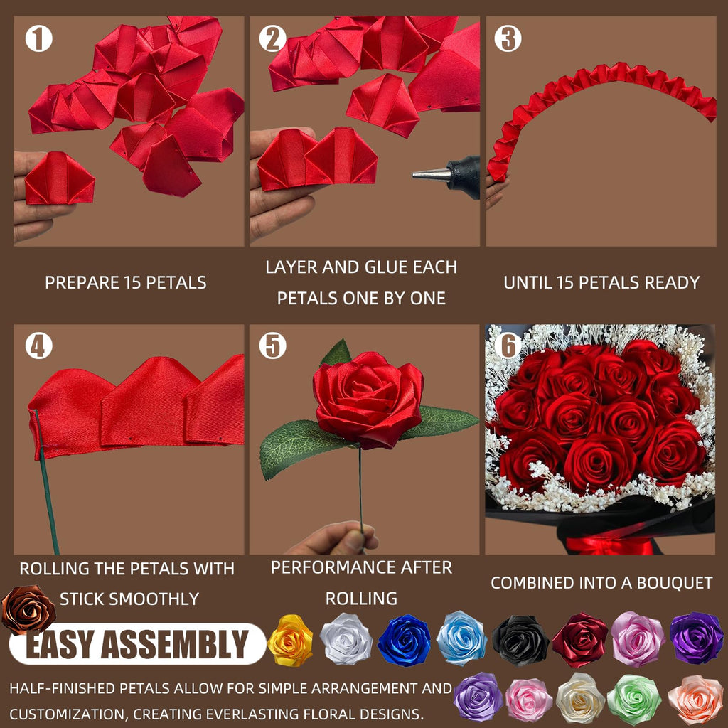 LatinaFlorista 300Pcs Premade Satin Ribbon Rose Petals Half-Finished for Eternal Rose DIY Ramos Forever Flowers Bouquets Everlasting Floral,for Wedding,Anniversary,Birthday (300 Pcs Red)