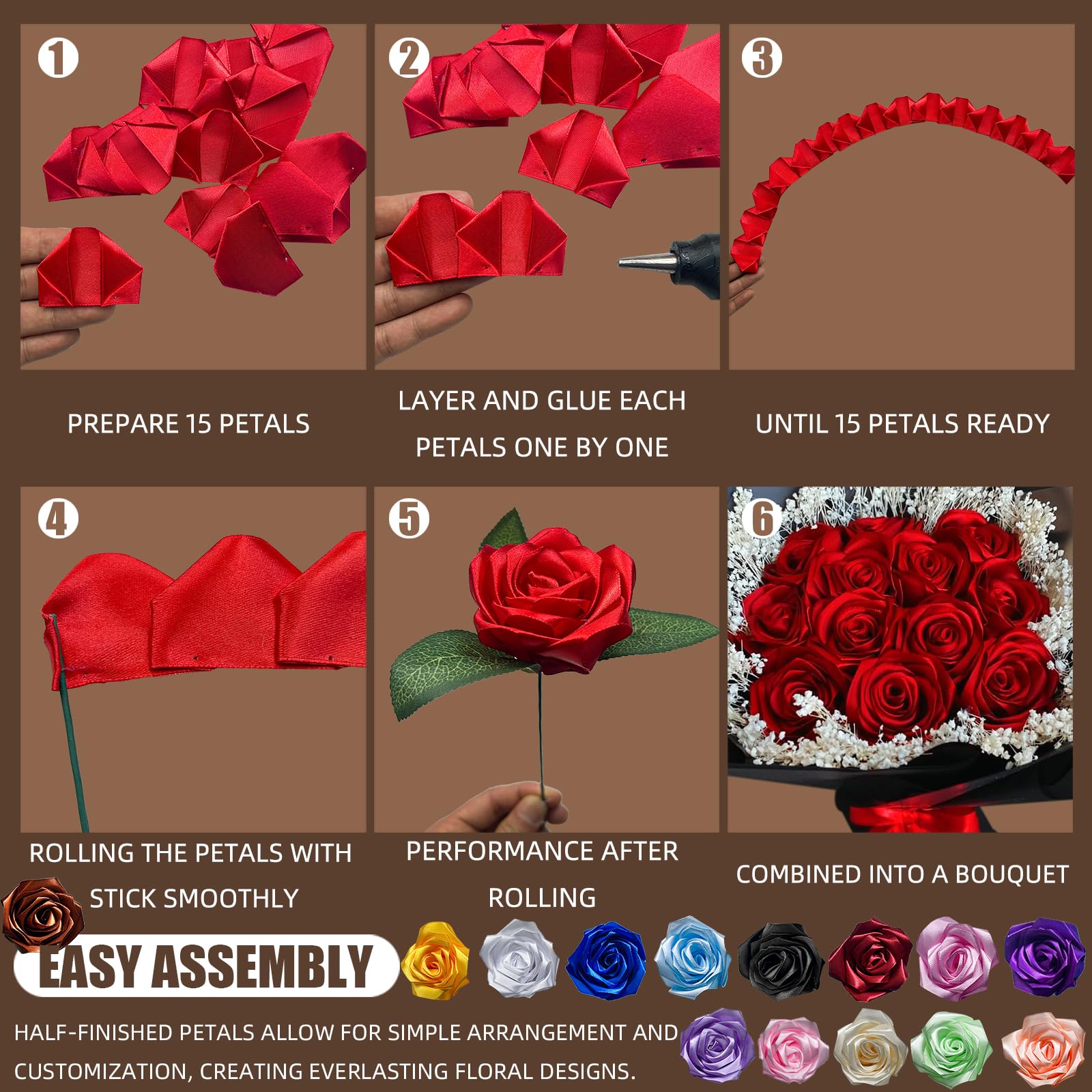 LatinaFlorista 300Pcs Premade Satin Ribbon Rose Petals Half-Finished for Eternal Rose DIY Ramos Forever Flowers Bouquets Everlasting Floral,for Wedding,Anniversary,Birthday (300 Pcs Red)