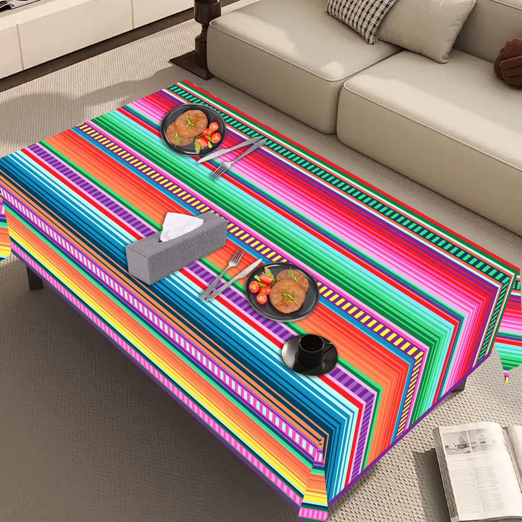 ASLERMURE 3 Pack Disposable Plastic Mexican Serape Tablecloths, 54 x 108 Inch Mexican Striped Party Table Cover for Mexican Wedding Birthday Party Decorations Outdoor Indoor Party Supplies