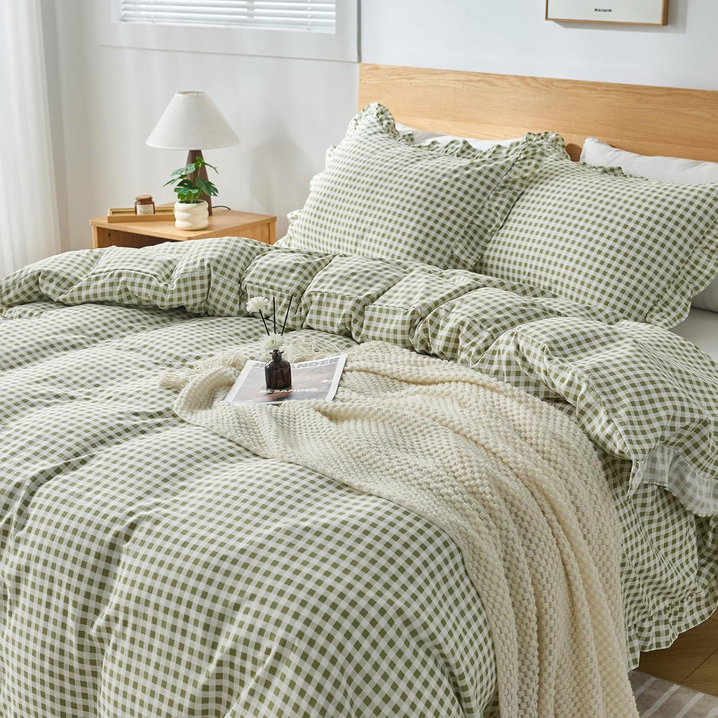 Regine Switzerland Gingham Duvet Cover Set - Soft Microfiber Queen Size with Zipper Closure & 2 Pillow Shams | Sage Green Farmhouse Decor