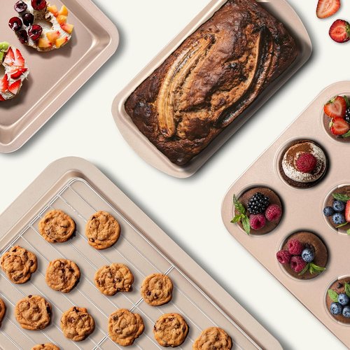 KITESSENSU Nonstick Baking Pans Set - 7-Piece Bakeware with Cake, Loaf, Muffin Pans & More | Gold Finish