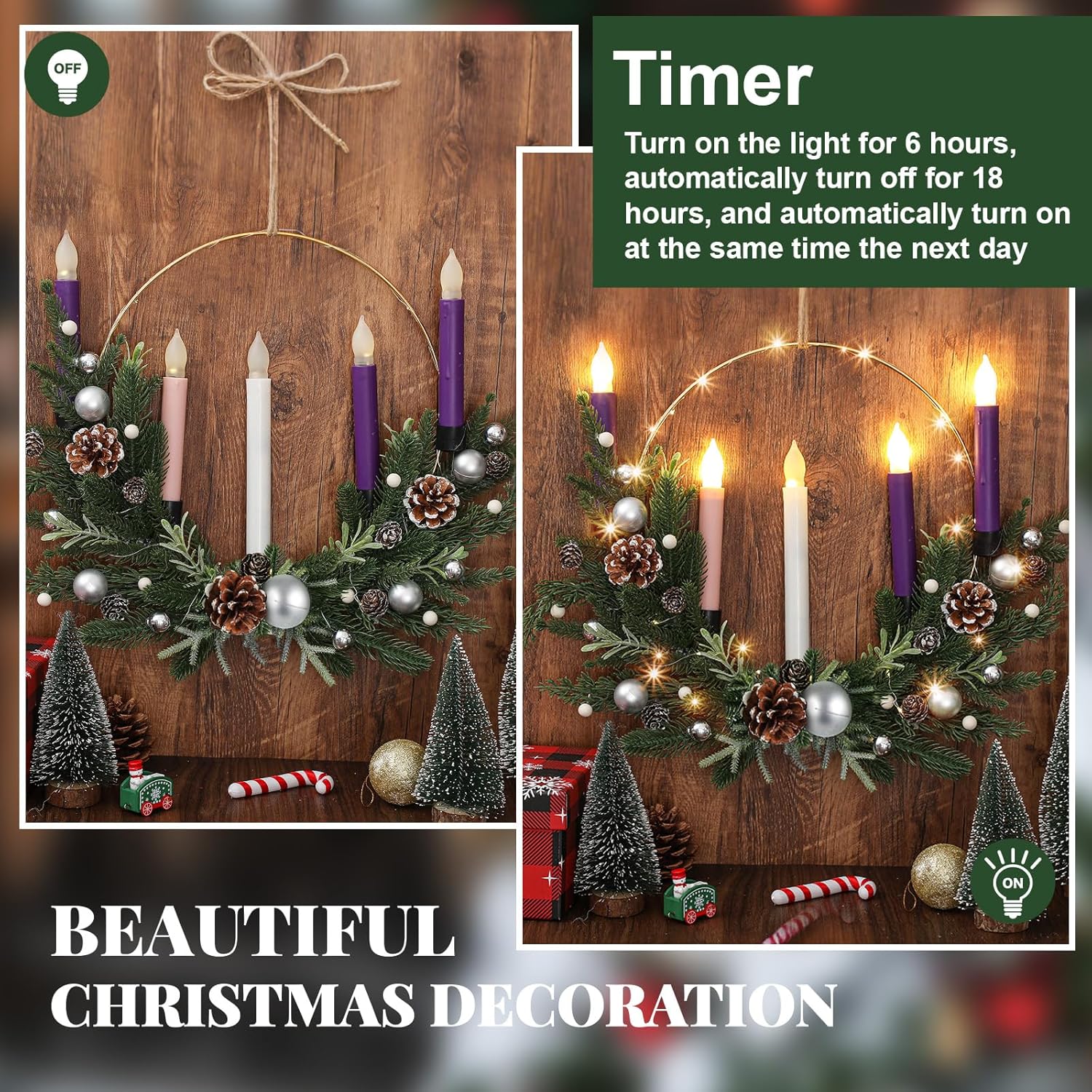 Suncalla Advent Wreath Set - 5 Flameless Candles with Timer Remote & LED String Lights | 20-Inch Pine Cone Decor