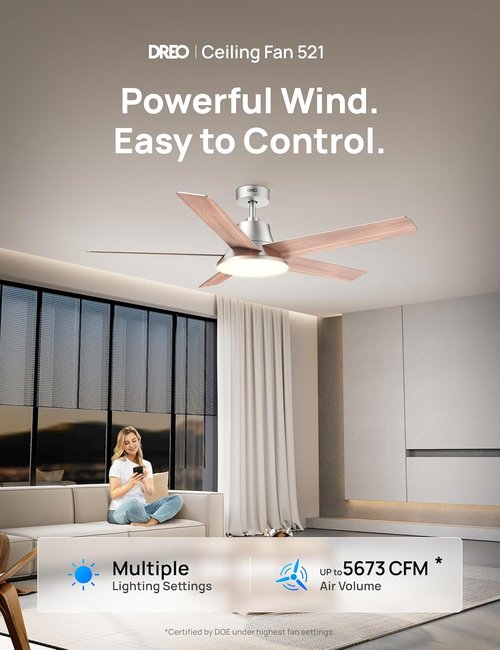 DREO Smart Ceiling Fan - 52 Inch with Dimmable LED Lights, 12 Speeds & Quiet DC Motor | Remote & Alexa Control