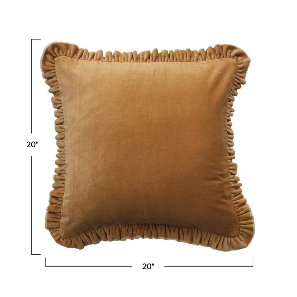 Creative Co-Op Velvet Ruffled Square Pillow, Mustard