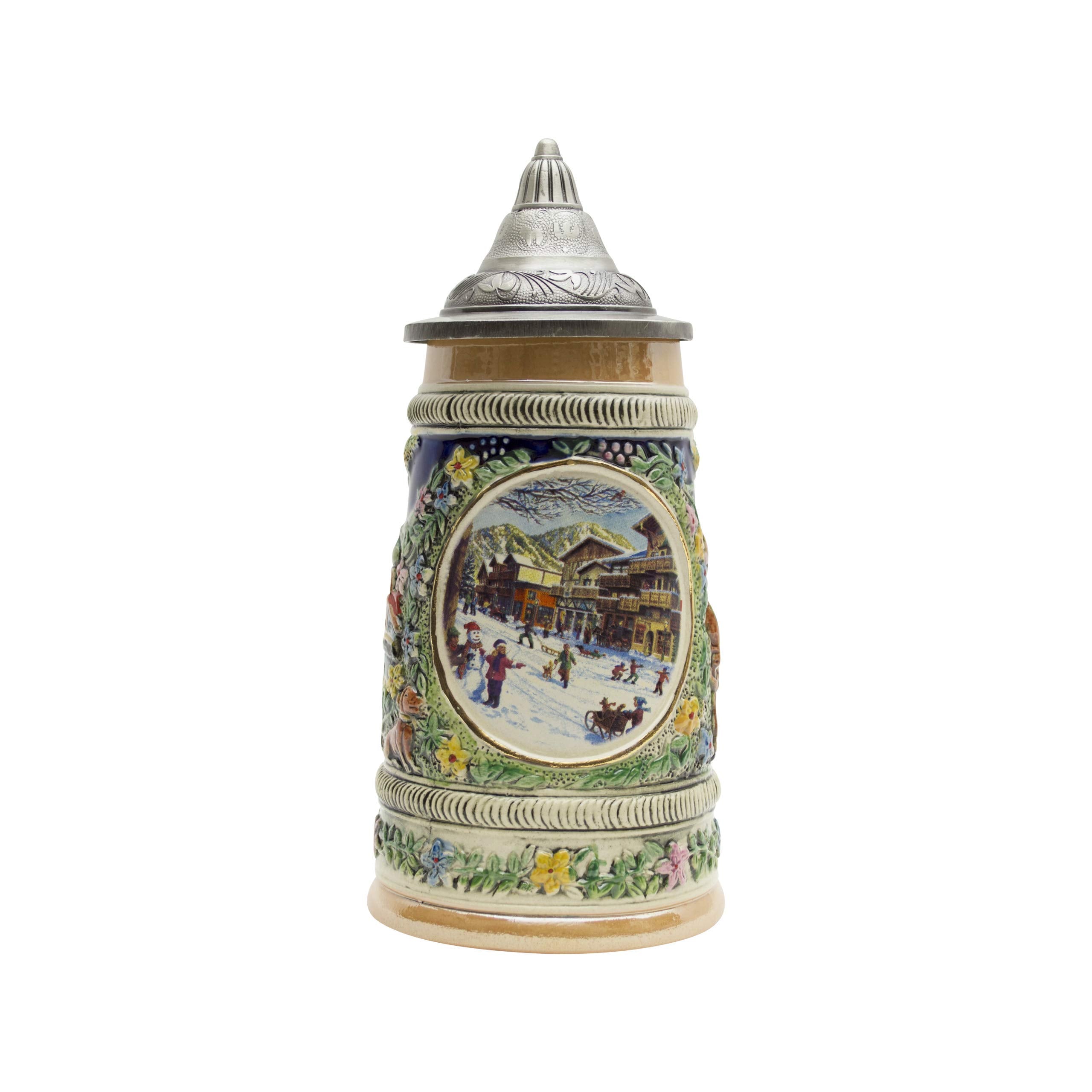 0.55 Liter OktoberfestHaus (Winter) In Germany Beer Stein With Lid - German Gifts for Men, Collectible Steins, Mugs for Beer Lover Gift Idea