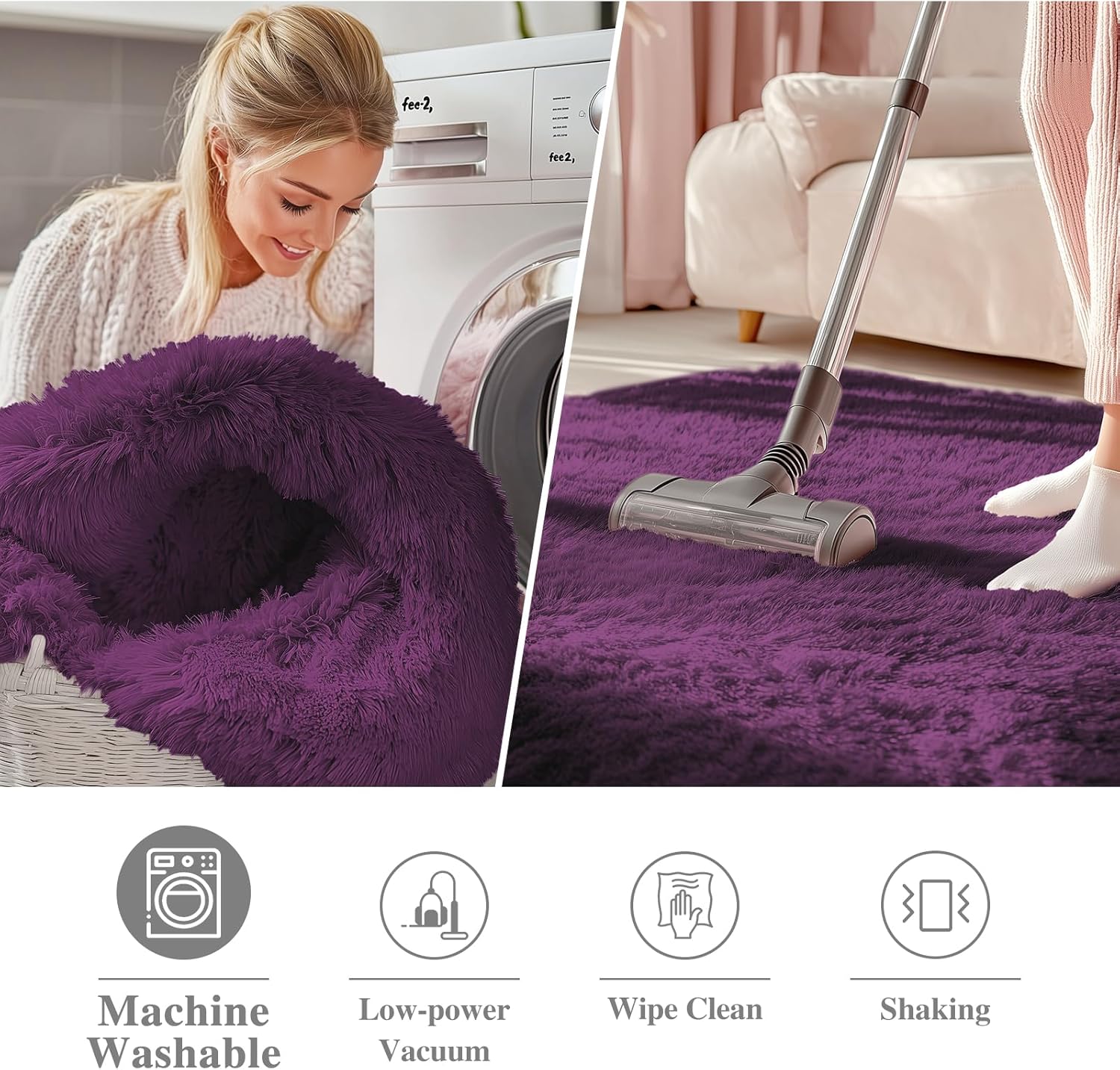OLANLY Dark Purple Round Rug - Soft & Fluffy 8 ft Machine Washable Area Rug for Bedroom & Living Room Decor