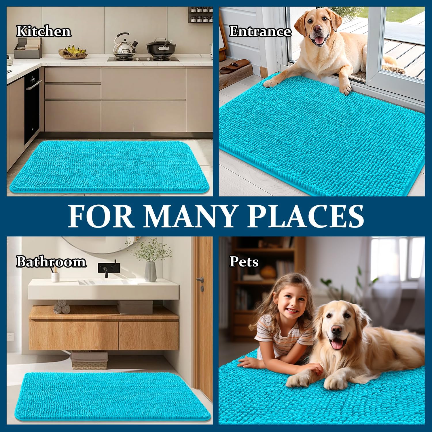 OLANLY Dog Door Mat - Absorbent Non-Slip Washable Mud Mat for Indoor Use | 54x24 Aqua Blue