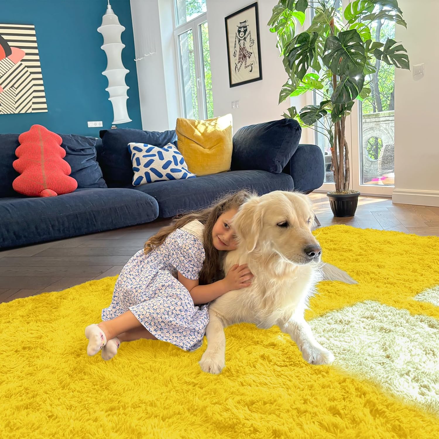 OLANLY 2x8 Machine Washable Runner Rug - Soft Fluffy Shaggy Design for Hallway & Bedroom | Yellow Indoor Carpet