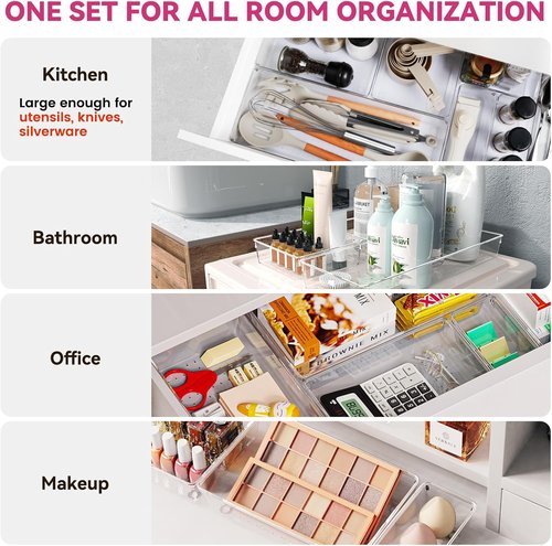 Criusia Large Drawer Organizer Bins - 26 Pack Clear Plastic Kitchen & Bathroom Organizers | Versatile Utensil & Makeup Storage