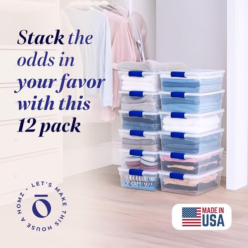 HOMZ 12-Pack Clear Plastic Storage Organizer Bins - 15.5 Quart Stackable Containers for Home & Office
