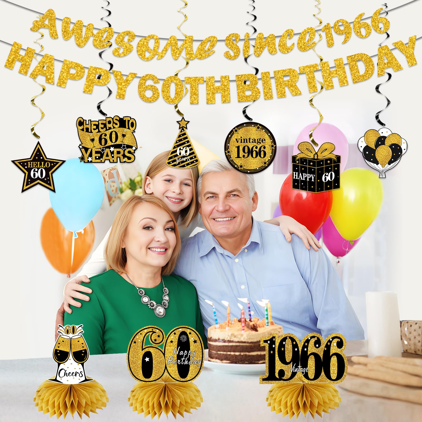 Kuxriox 11Pcs 60th Birthday Decorations Kit for Men Women, Black Gold Happy 60th Birthday Banner, Awesome Since 1966 Centerpieces Swirls Party Supplies, Sixty Bday Banner Ceiling Table Topper Sign