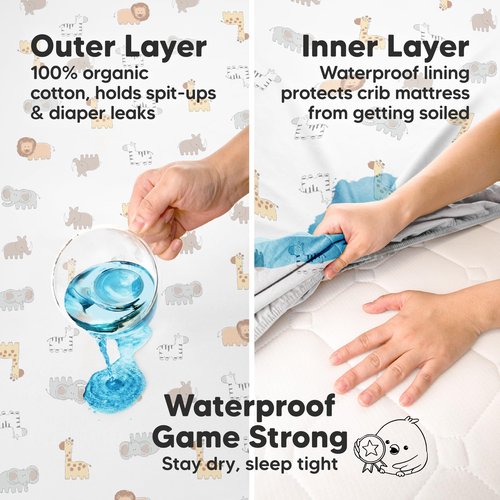 2-Pack Waterproof Crib Sheets for Boys, Girls - 52x28 Fitted Organic Cotton Baby Crib Sheets, Toddler Mattress Protector Cover, Washable, Soft & Durable Baby Bedding Essentials (Foxtrot)