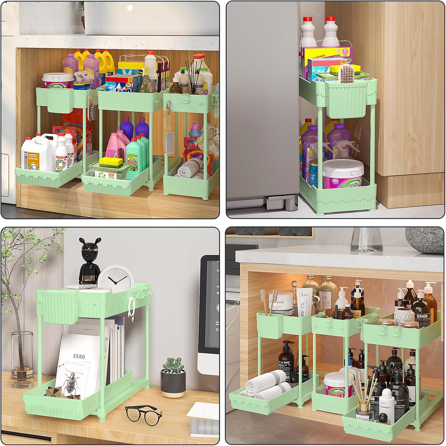 Sevenblue Under Sink Organizers - 2-Tier Kitchen & Bathroom Storage with Sliding Drawers | Green, 14.8 Inch