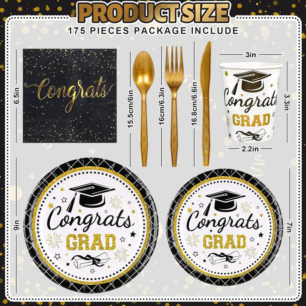 Whaline Graduation Party Supplies - 175Pcs Disposable Tableware Set for 25 Guests | Plates, Napkins, Cups, Cutlery